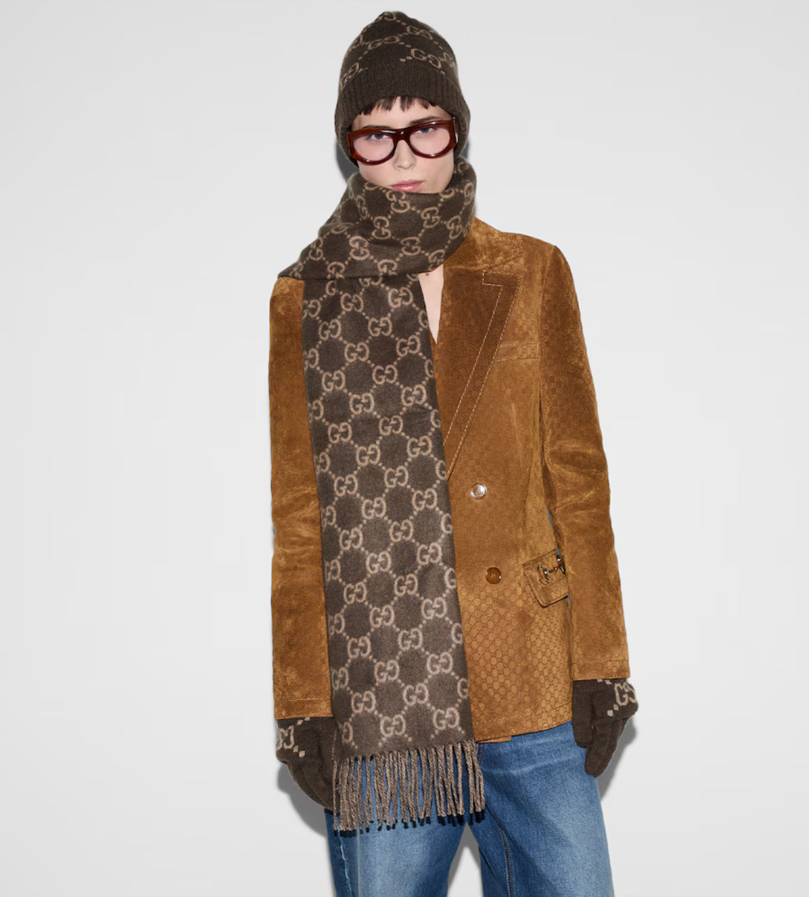 Bonnet et Écharpe en jacquard de cachemire GG Brown et Beige