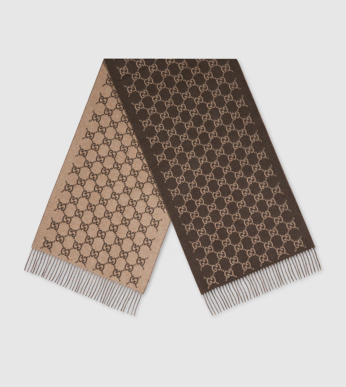 Bonnet et Écharpe en jacquard de cachemire GG Brown et Beige